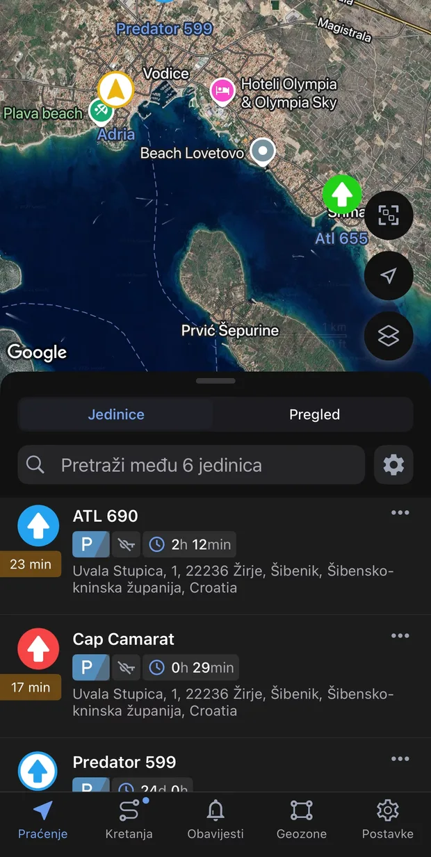 Aplikacija na mobitelu: plovila na karti s adresom i vremenom zadnjeg javljanja