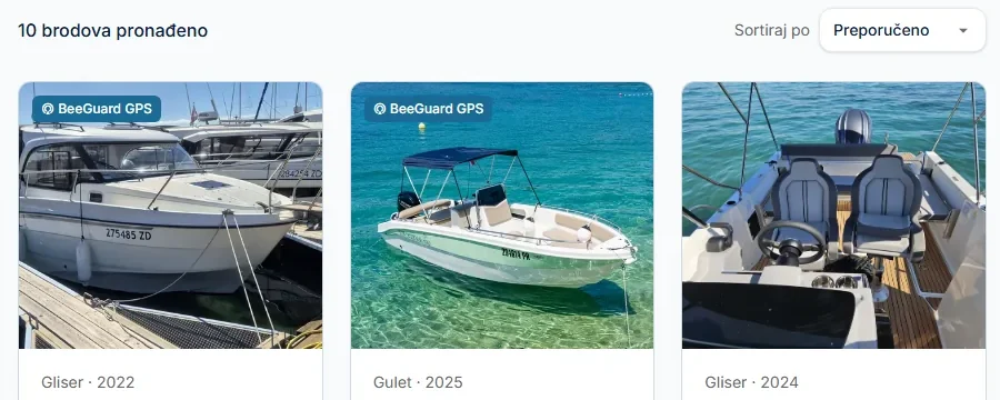 Pretraga brodova na Navigate Croatia: plovila s oznakom BeeGuard GPS u rezultatima